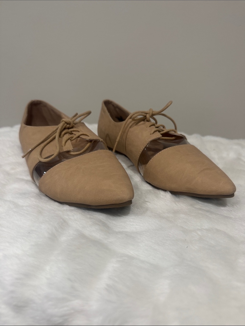 Liliana Tan Pointed Lace-Up Flats with Clear Side Panels